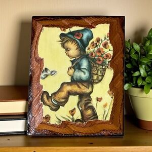 Vintage Hummel Style wooden Wall Plaque Boy with Flowers 4.75” x 3.75”